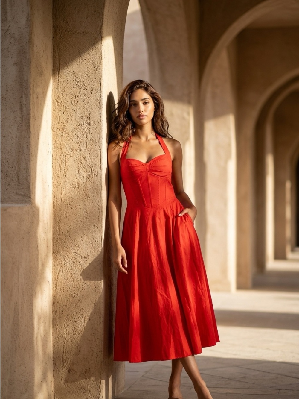 Sleeveless Red Midi Dress with Fitted Bodice